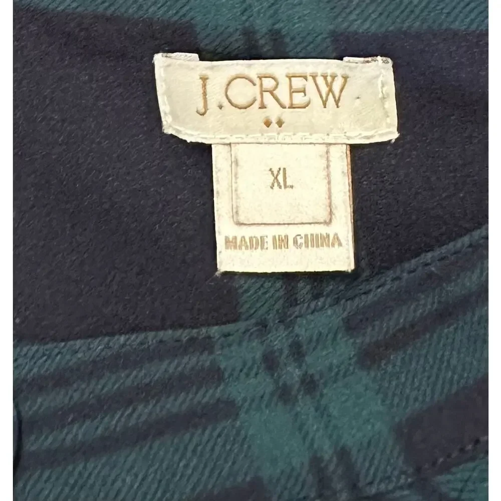 J. Crew Drapey Tuxedo Bib Blouse in Navy Green Plaid E5598 Size XL